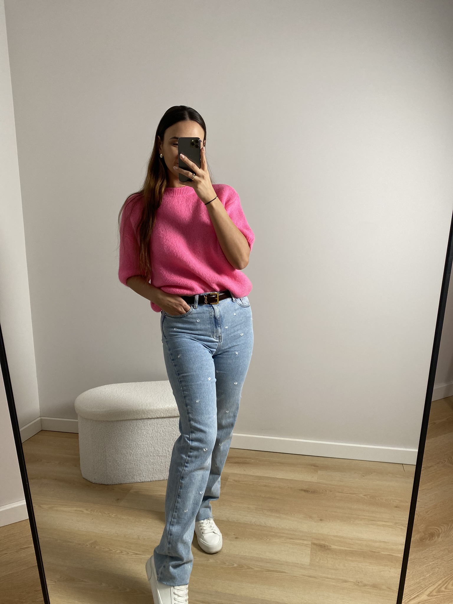 Jeansowe spodnie w stokrotki Straight Jeans - obrazek 2