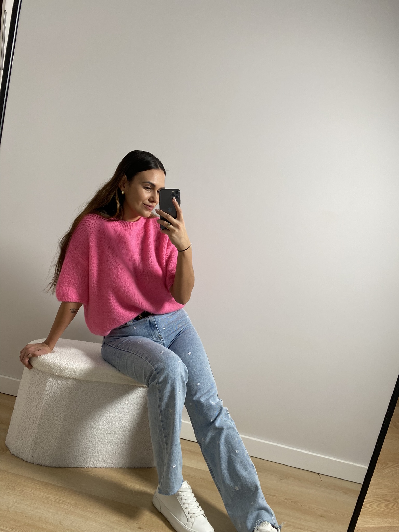 Jeansowe spodnie w stokrotki Straight Jeans - obrazek 5